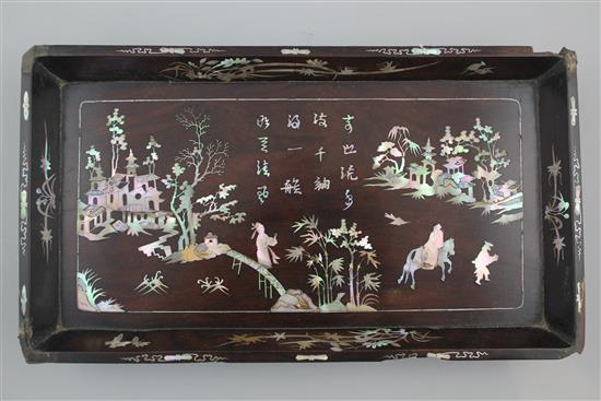 Two Chinese rosewood and mother of pearl inlaid rectangular trays, late 19th century, 30.5cm, one with slight faults